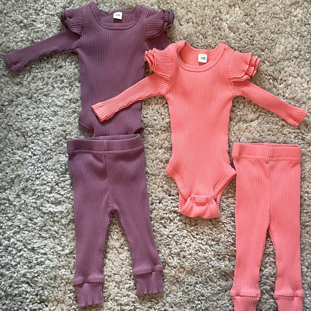 5pc Newborn Bundle rib ruffle sets purple/coral+organic purple footie (Size NB)